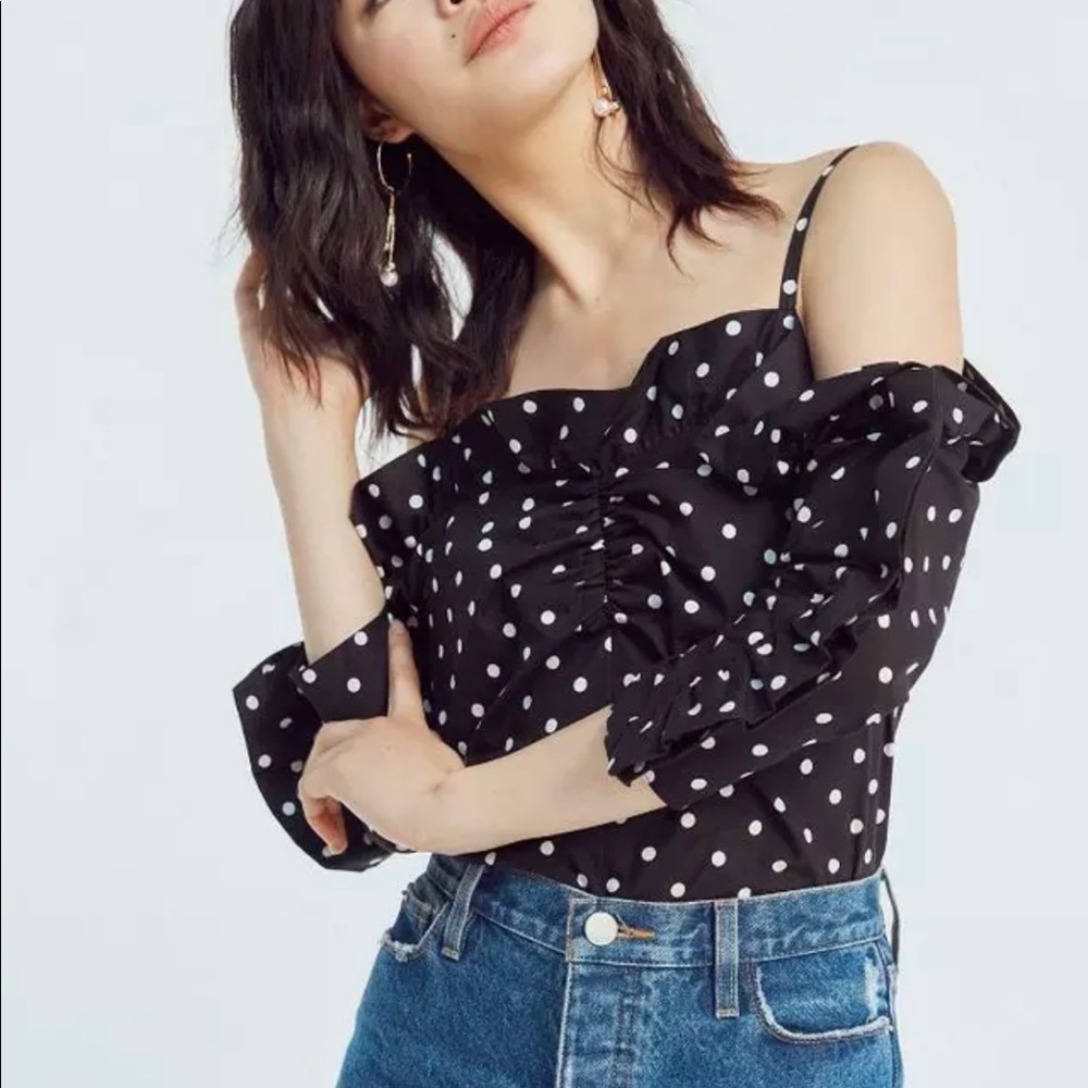 Structured Polka Dot Off Shoulder Ruffled Top - Picture 2 of 10